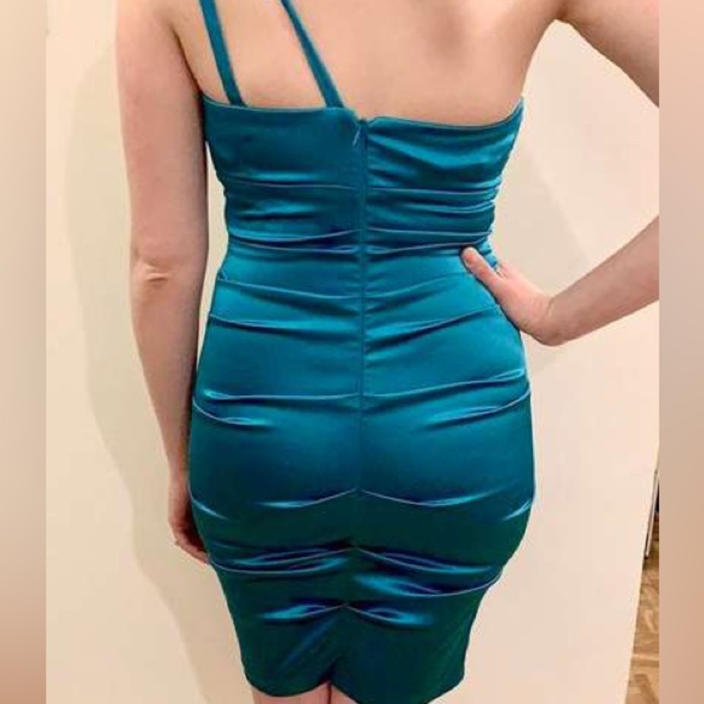 XScape One Shoulder Ruched Cocktail Bodycon Dress Turquoise - Picture 2 of 8